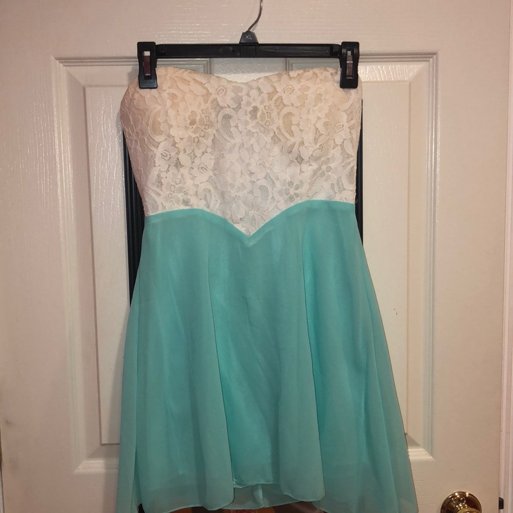 Strapless White Lace and Teal dress